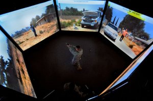 Soldier training in virtual simulator.